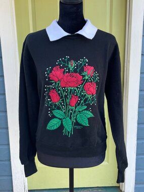 Vintage Morning Sun Jerzees Collared Sweatshirt Roses M Black Whimsigoth Grandma
